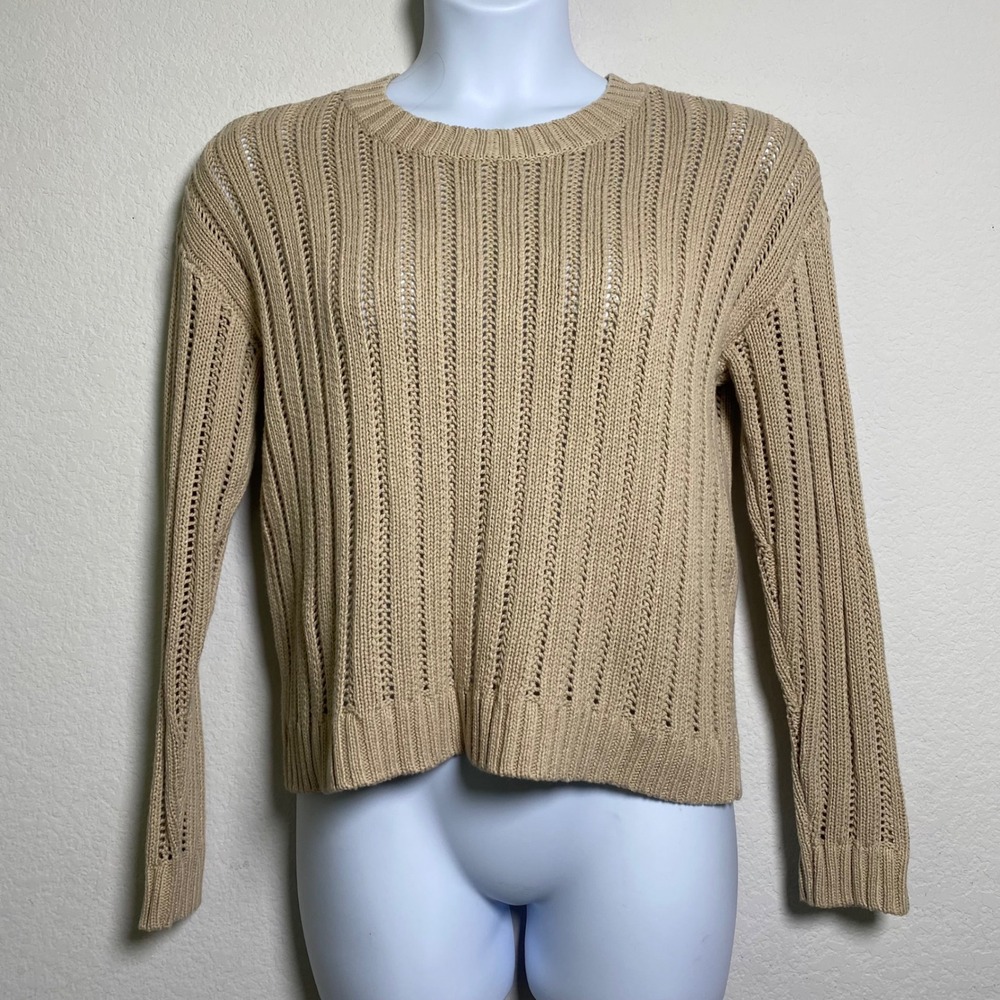 Cyrus‎ Tan Open Knit Sweater Medium Coastal Grandma Minimalist Neutral Casual